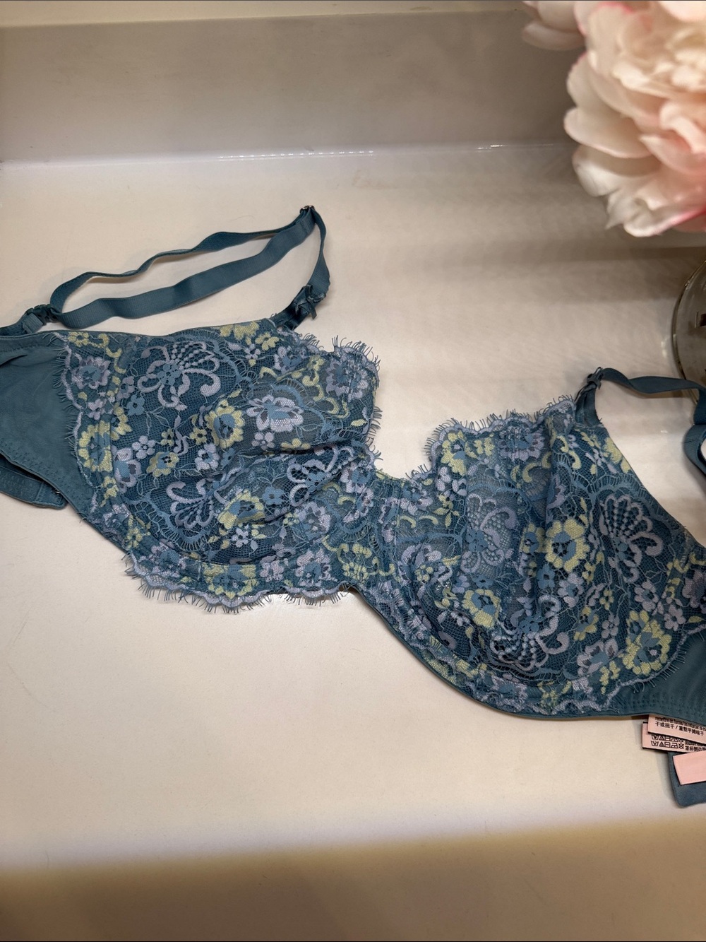 Victoria's Secret Teal Blue Lace Underwire Bra with Pastel Floral Embroidery